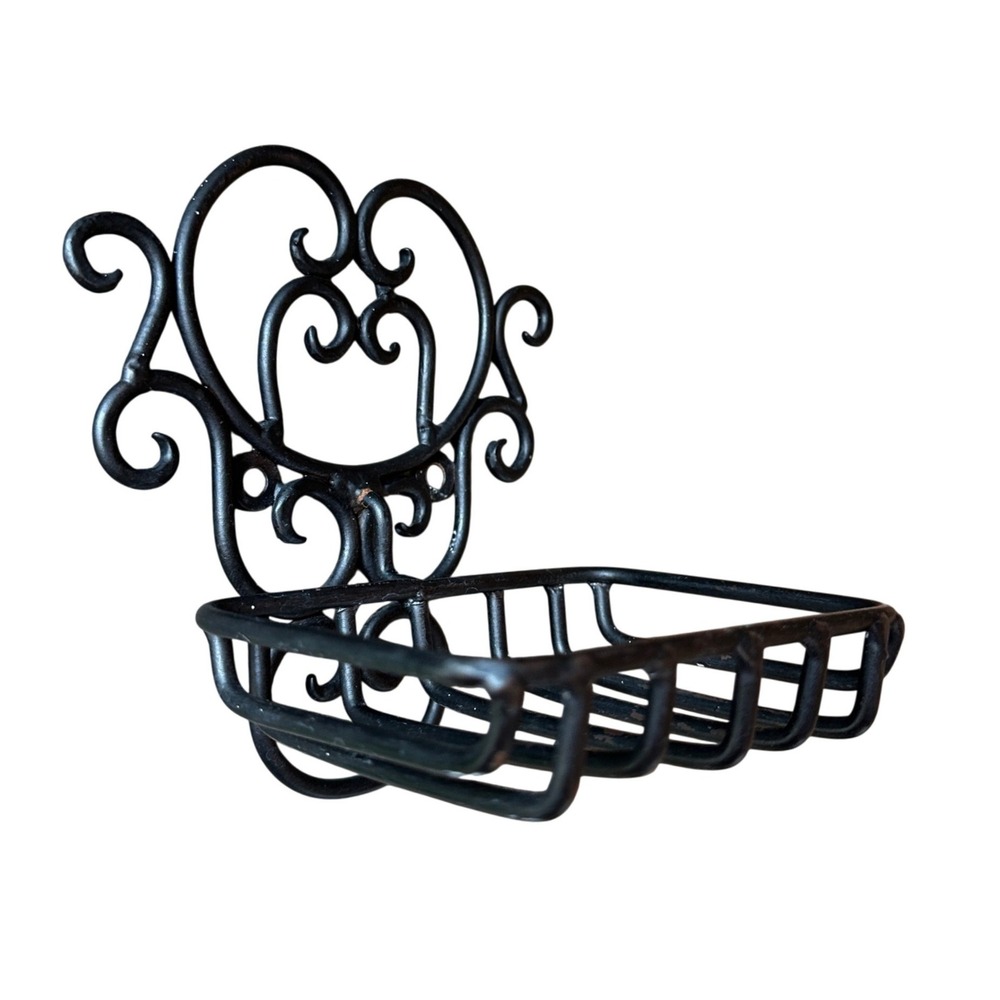 Vintage Metal Iron Scrollwork Wall Mount Soap Dish Holder Black French Country